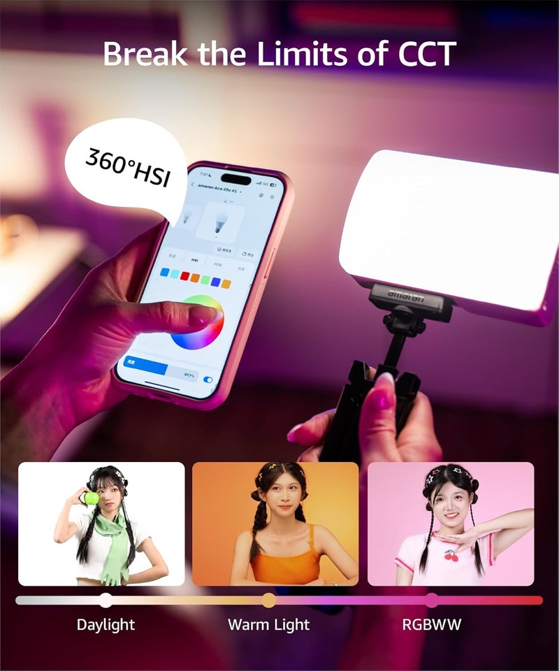 AMARAN Ace 25c Video Light,25w RGB Portable Light for Photography On-Camera Video Lights CRI/TLCI 95+,CCT 2,300K-10,000K,Rechargeable Dimmable Vlog Light,APP Control,PD Charging (Silver) - Image 5